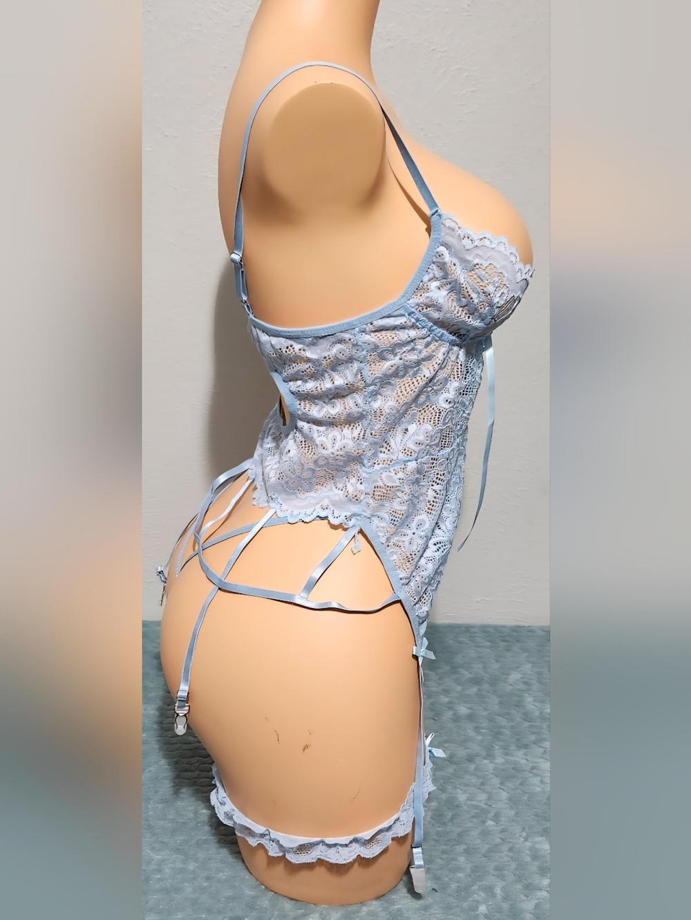 Light Blue 3 Piece G-string Bow Bodysuit Set